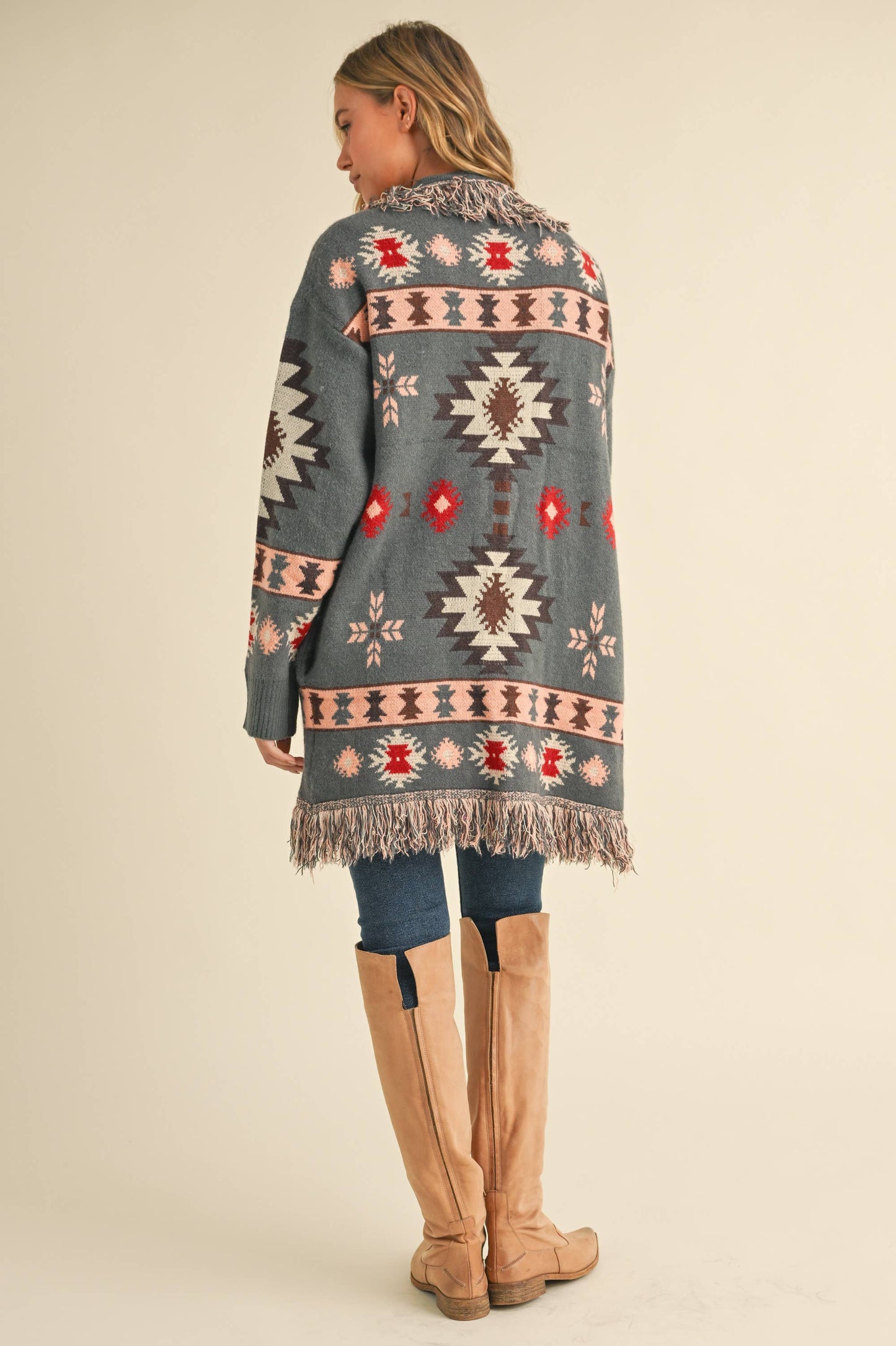 Aztec Print Fringed Knitted Long Cardigan