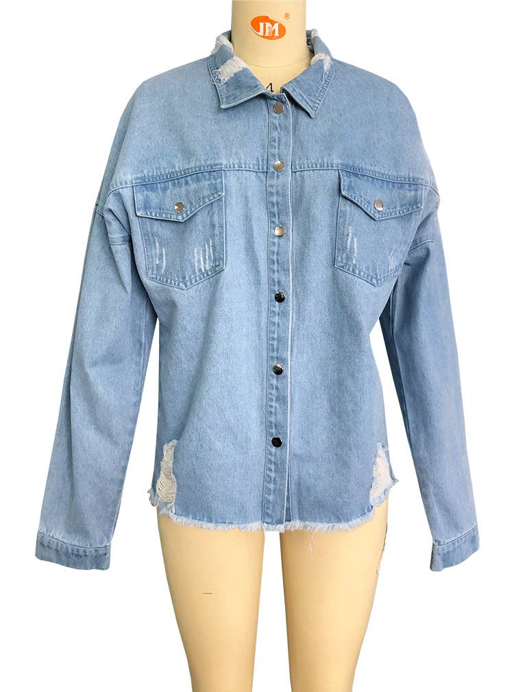 Blue Faded Oversized Distressed Frayed Edges Denim Jacket