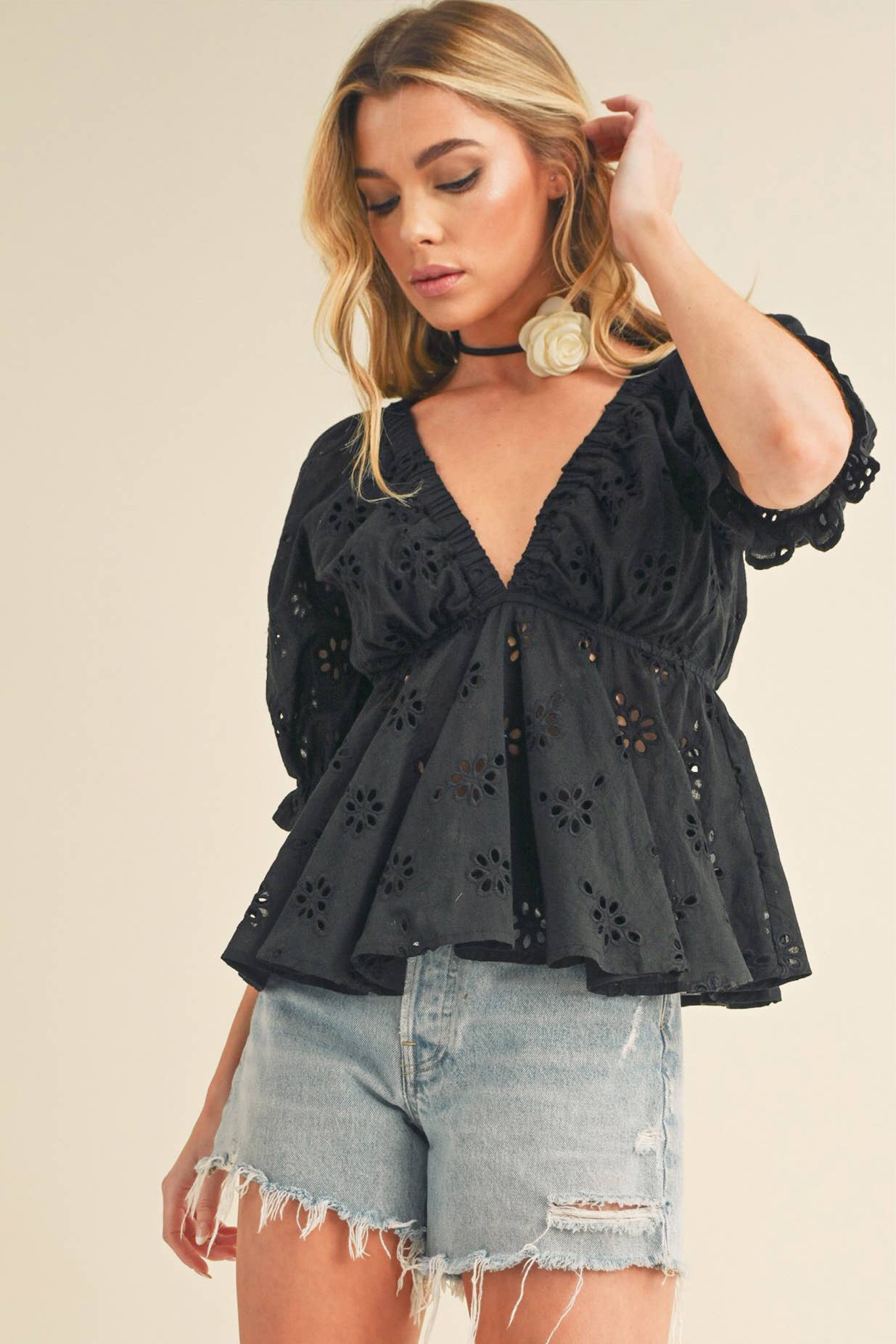 Black Hazle Eyelet Embroidered Top -148290