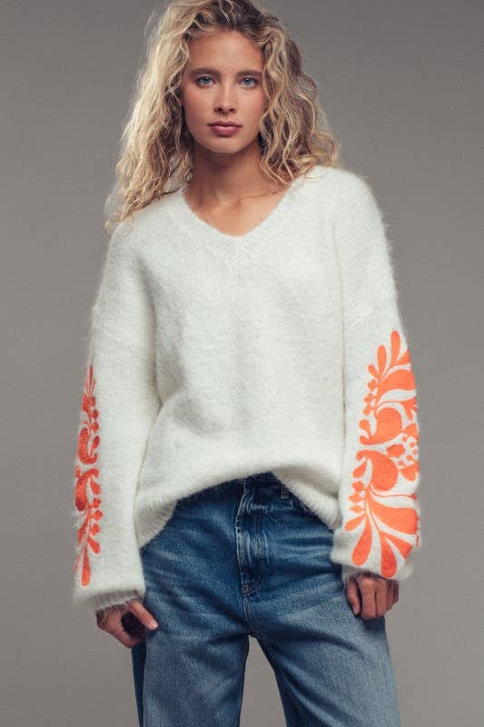 Winter White with Orange Floral Detail Sleeve Fuzzy Knit Sweater