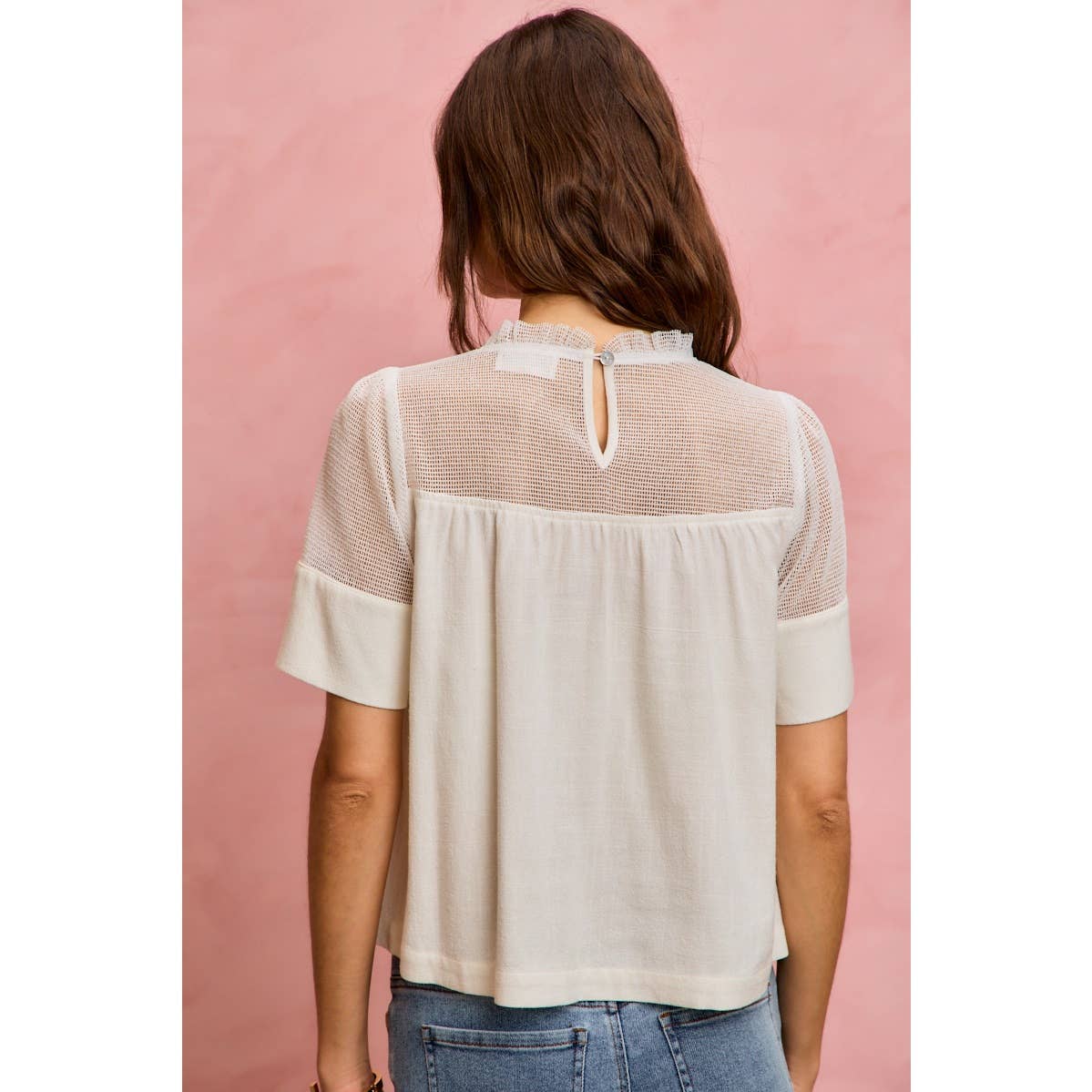 White Linen Blend Lace Trim Shirt-144039