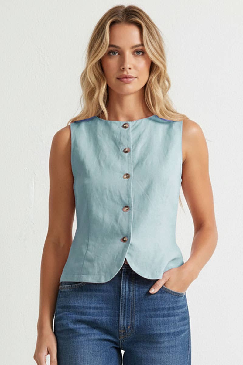 Blue Sleeveless Woven Vest With Back Tie-145073