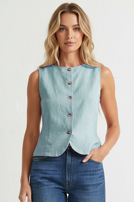 Blue Sleeveless Woven Vest With Back Tie-145073