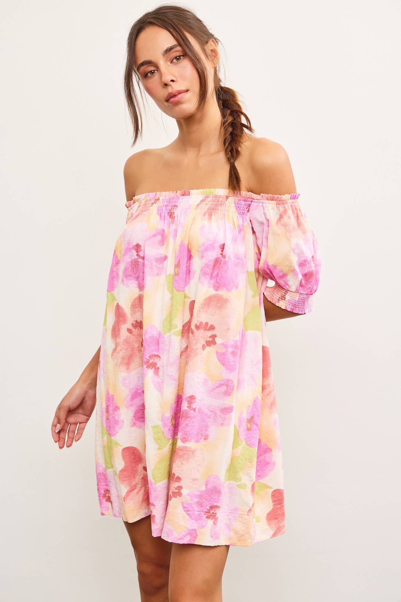 Pink Abstract Bloom Off-Shoulder Floral Dress-122482