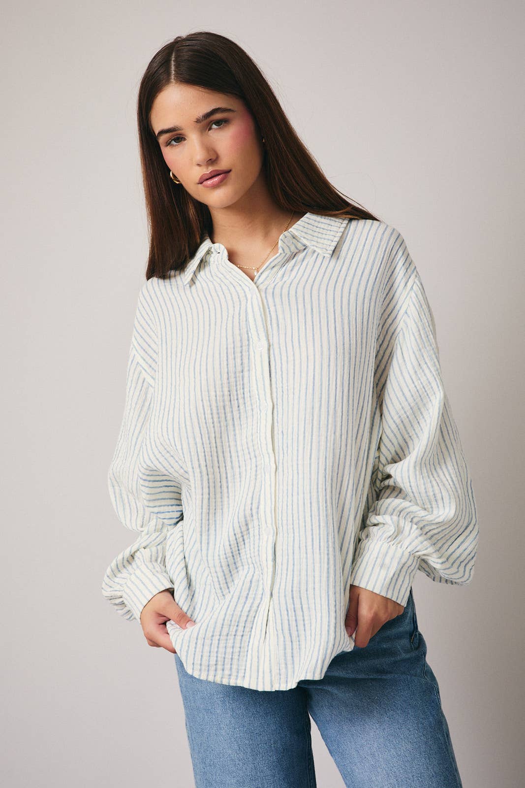 Blue and White Stripe Gauze Button Down Top
