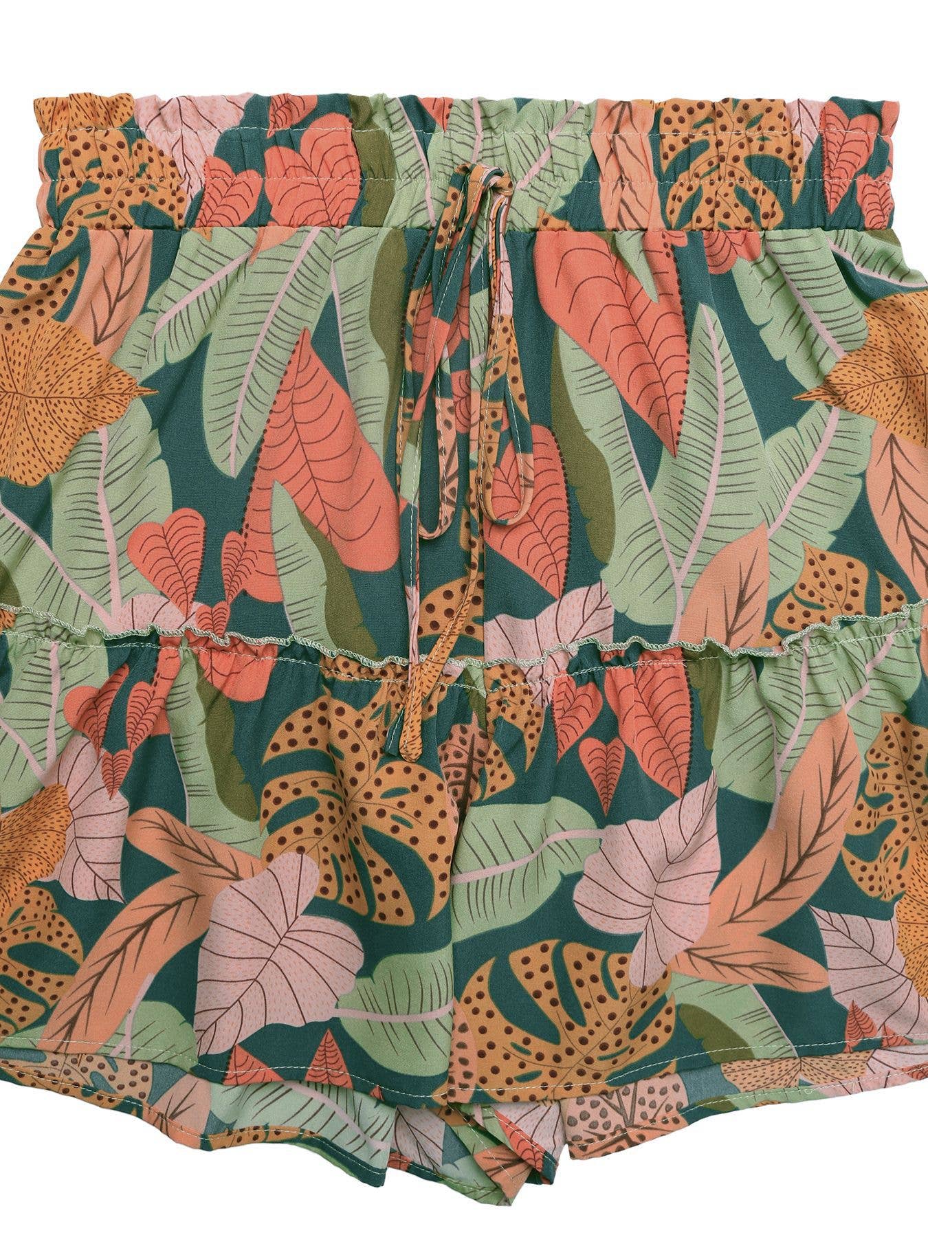 Green Tropical Plant Print Shorts- 115135