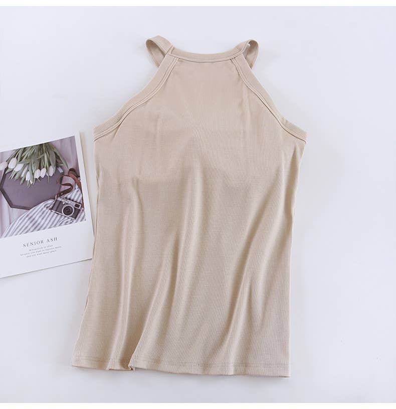 White Round Neck Halter Built-In Bra Tank Top- 180444