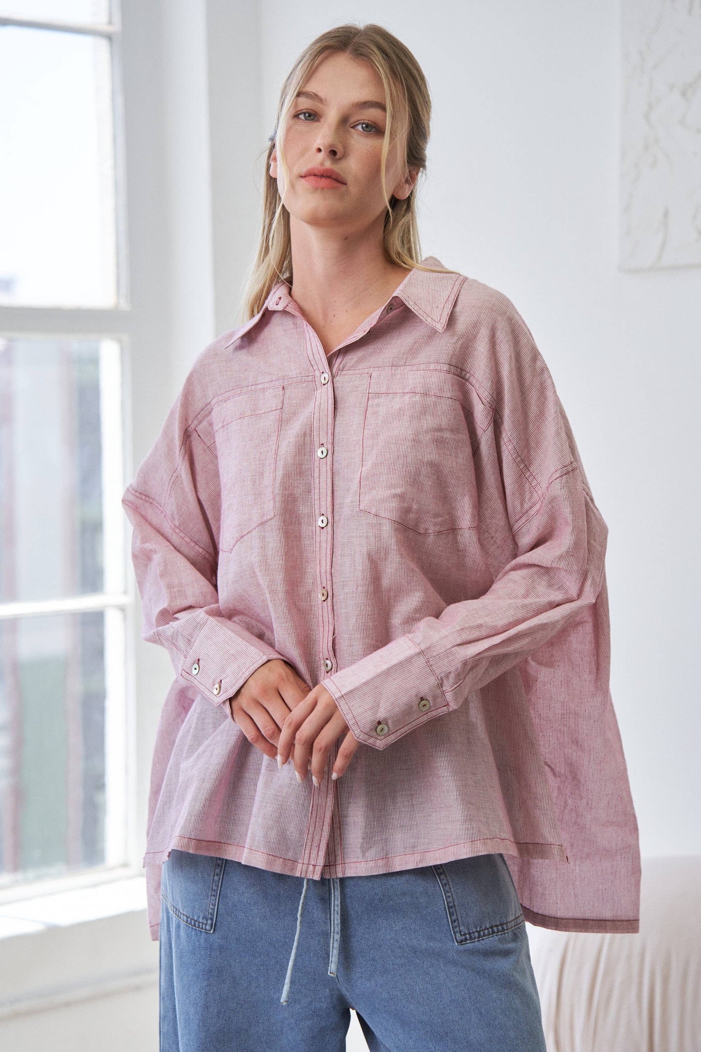 Red Mira Lightweight Sheer Oversized Button-Up Shirt