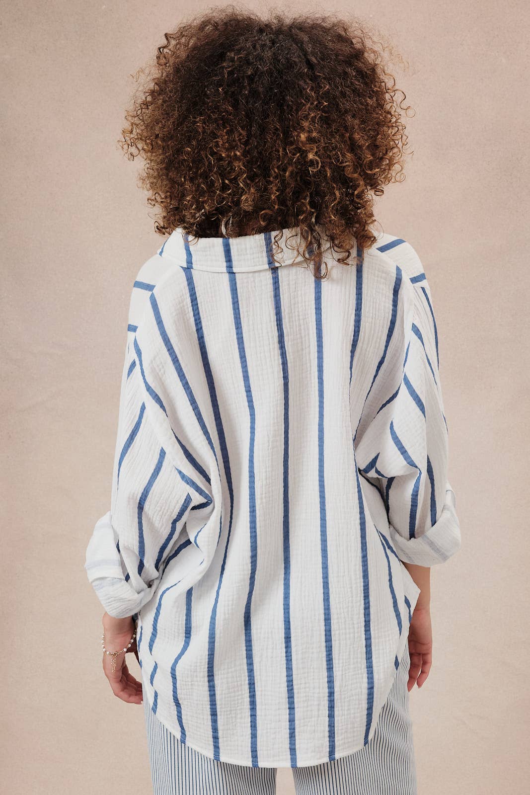 White and Blue Stripe Dolman Long Sleeve Button Down Shirt- 140647
