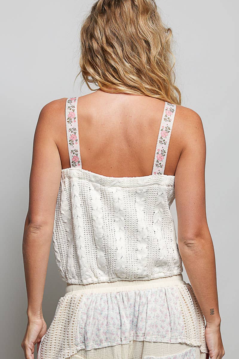 White Square Neck Cable Knit Sleeveless Crop Top-140736