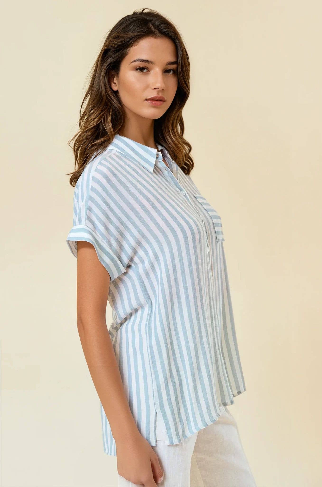 White and Dusty Blue Striped Shirt w/ Rolled Cuffs- 144132