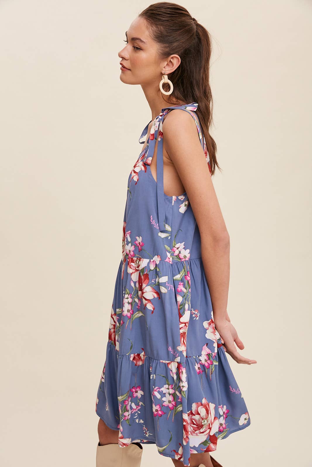 Blue Floral Tie-Shoulder Tiered Dress- 121202