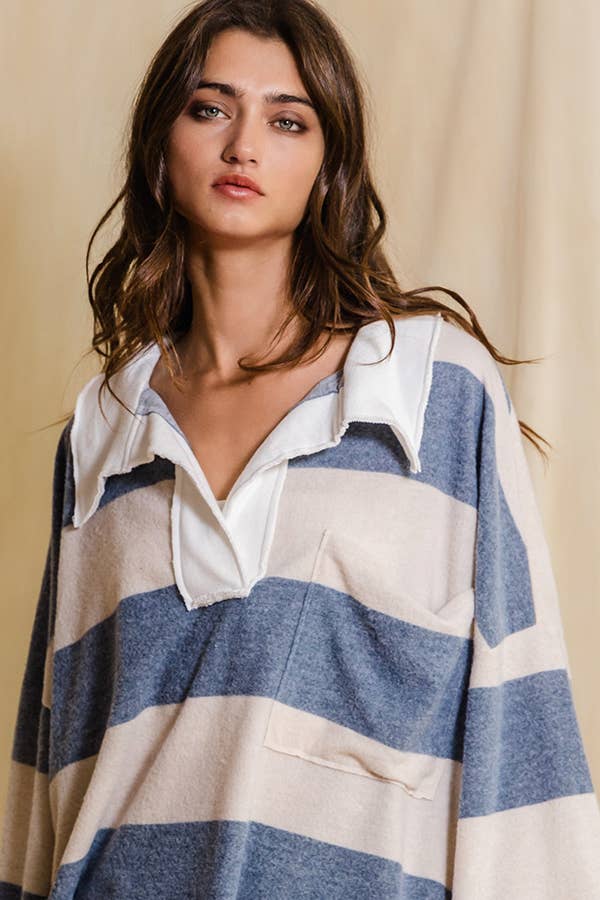 Soft Brushed Cotton Blue and White Striped Big Open Collared Top
