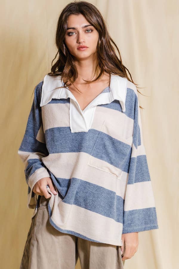 Soft Brushed Cotton Blue and White Striped Big Open Collared Top