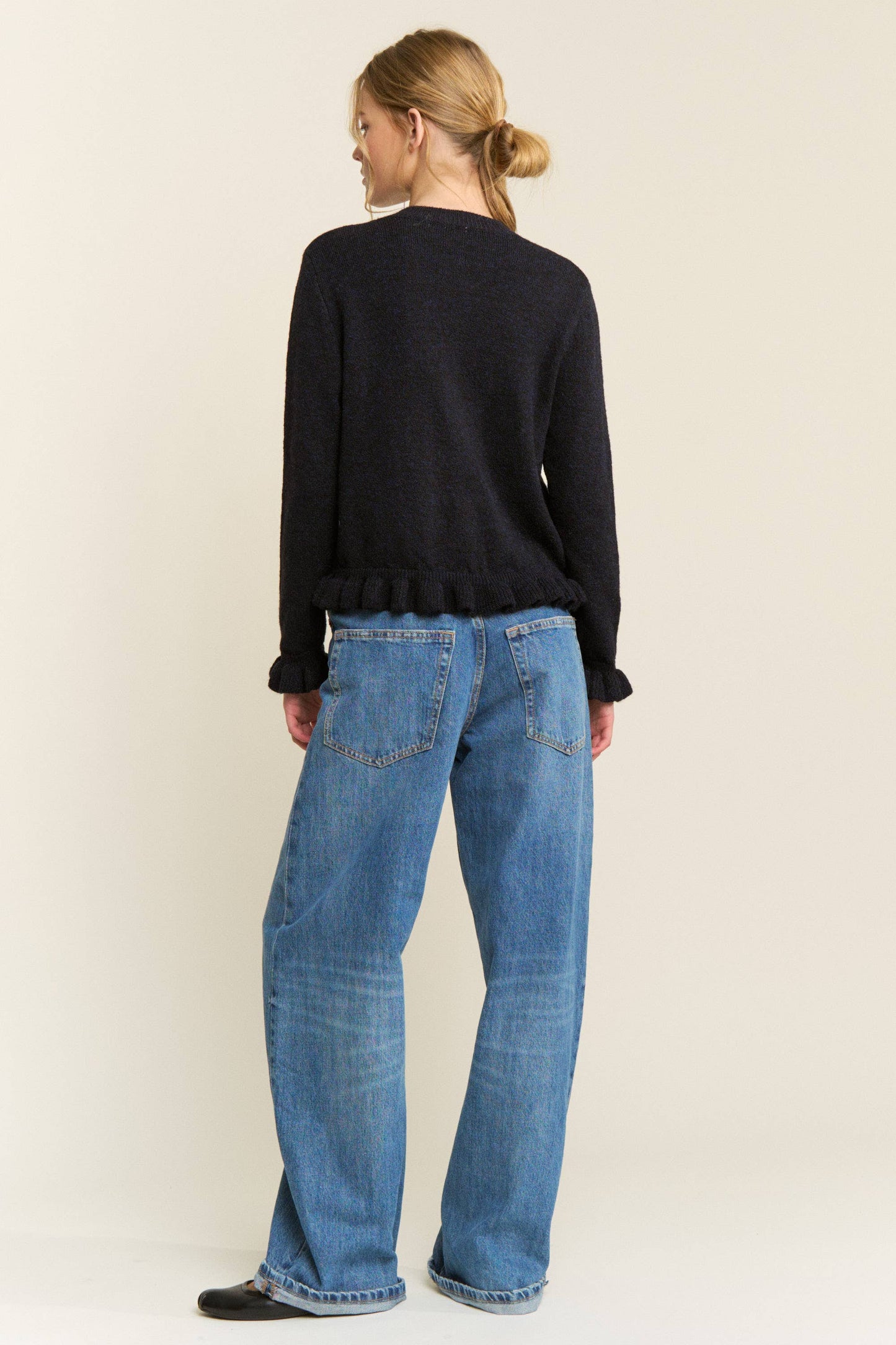 Navy Ruffle Trim Button-Up Cardigan -151015