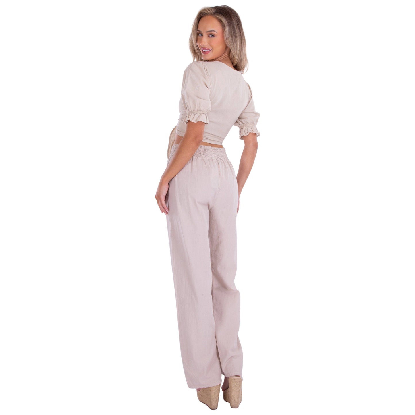 Fun Lattice Front Detailed Beige Cotton Pants