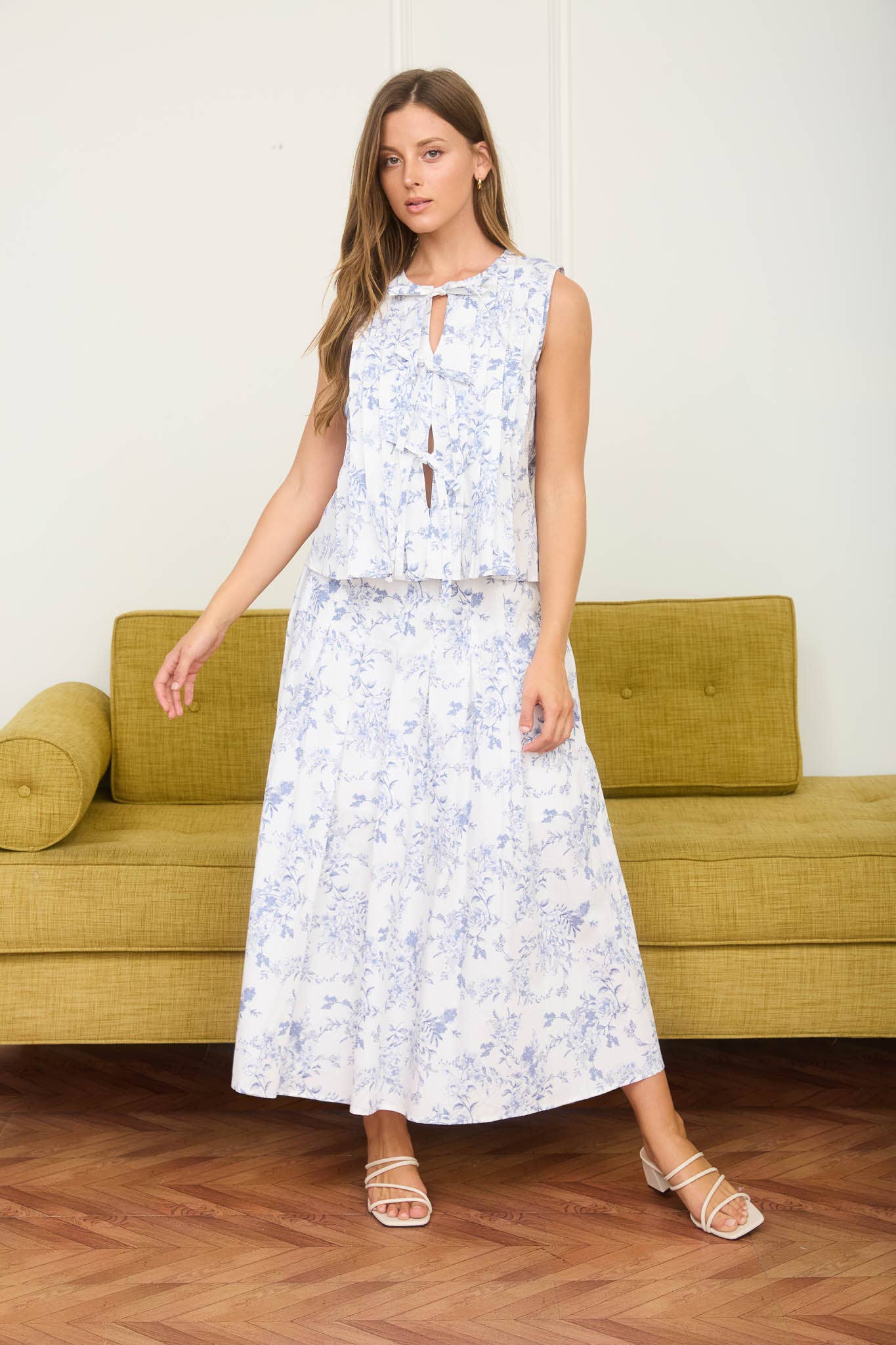 Soft Blue/White Floral Toile Cotton Midi Skirt