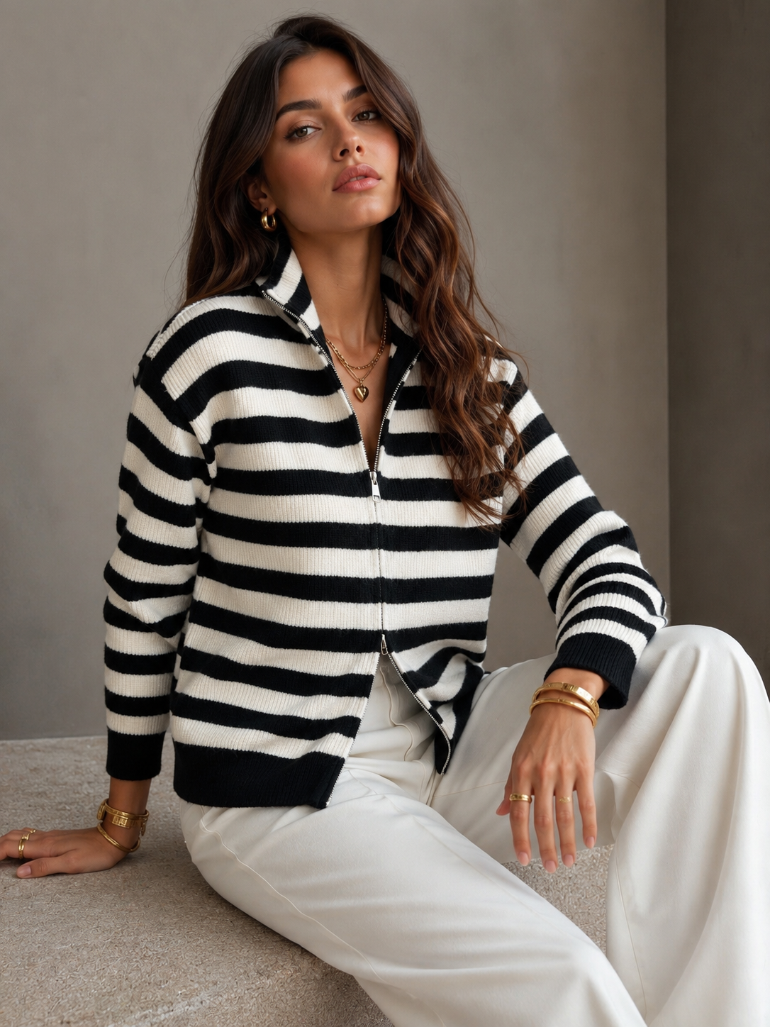 Black-Khaki Striped Zip-Up Cardigan-150209