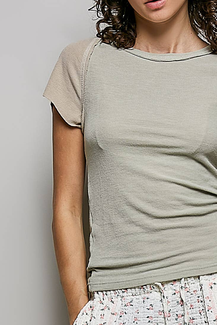Sage w/ Cream Raglan Sleeve Fitted Rib Top-142849