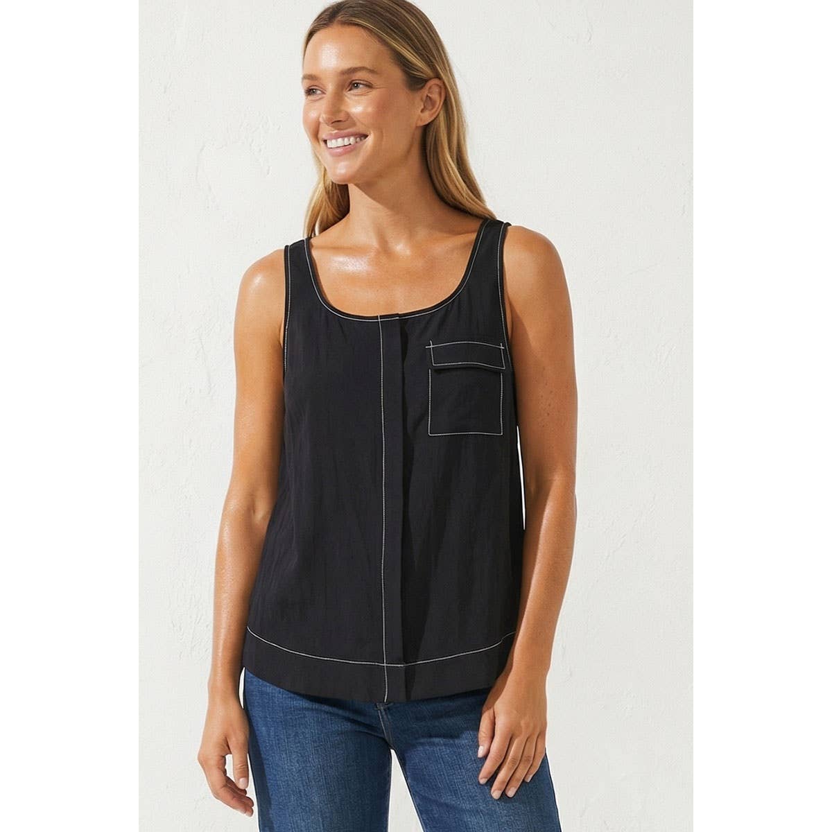 Black/ White Contrast Stitch Detail Sleeveless Top -149848