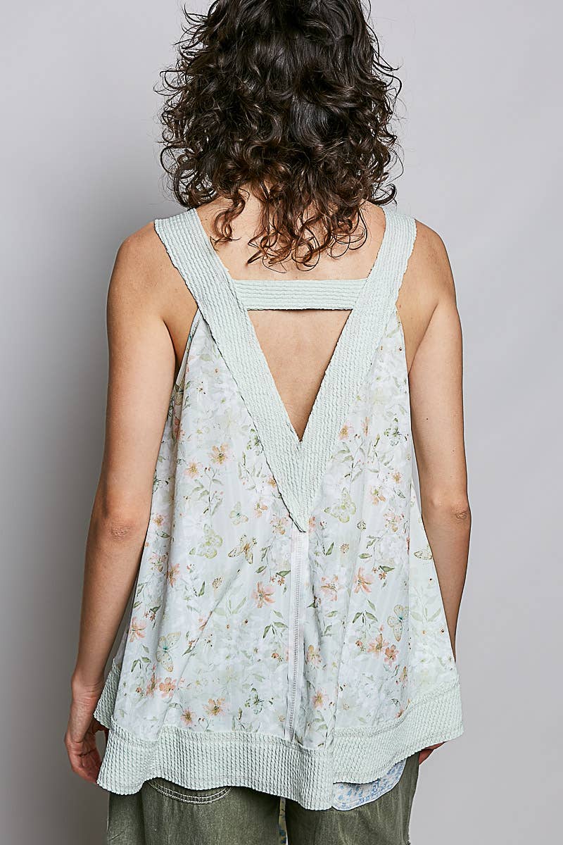 Sage Floral Print V-Neck Rib Patch Sleeveless Top-141768