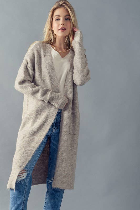 Taupe Soft Cozy Knit with Thumbhole Cuff Long Cardigan