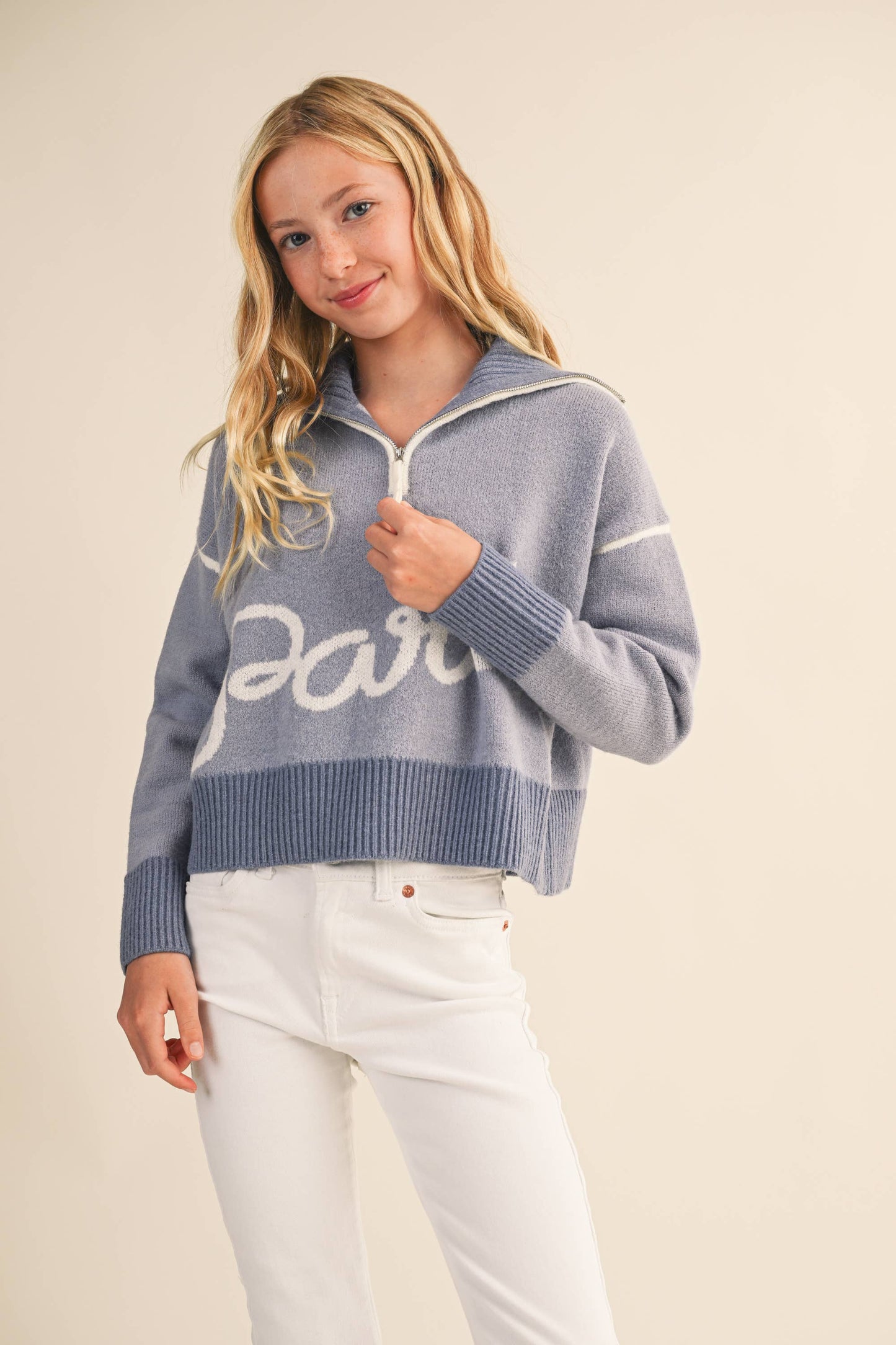 Periwinkle Blue "Paris' Half Zip Collar TWEEN Sweater