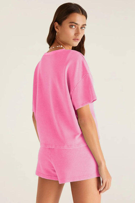 Sweet Pink Bonbon V Neck Drop Shoulder Tee and Patchwork Drawstring Shorts Set
