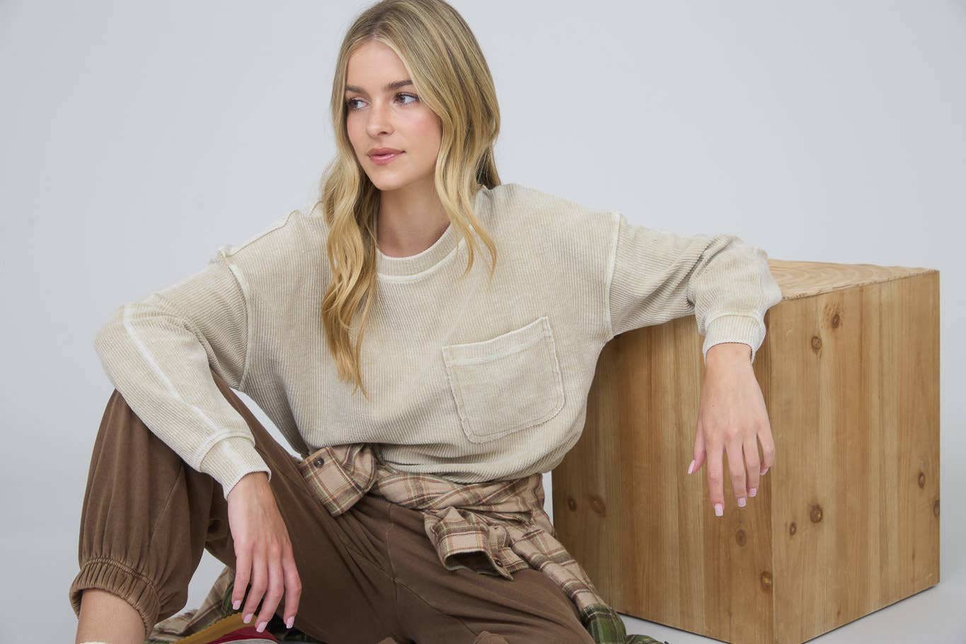 Khaki Acid Washed Ribbed Oversized Cotton Top