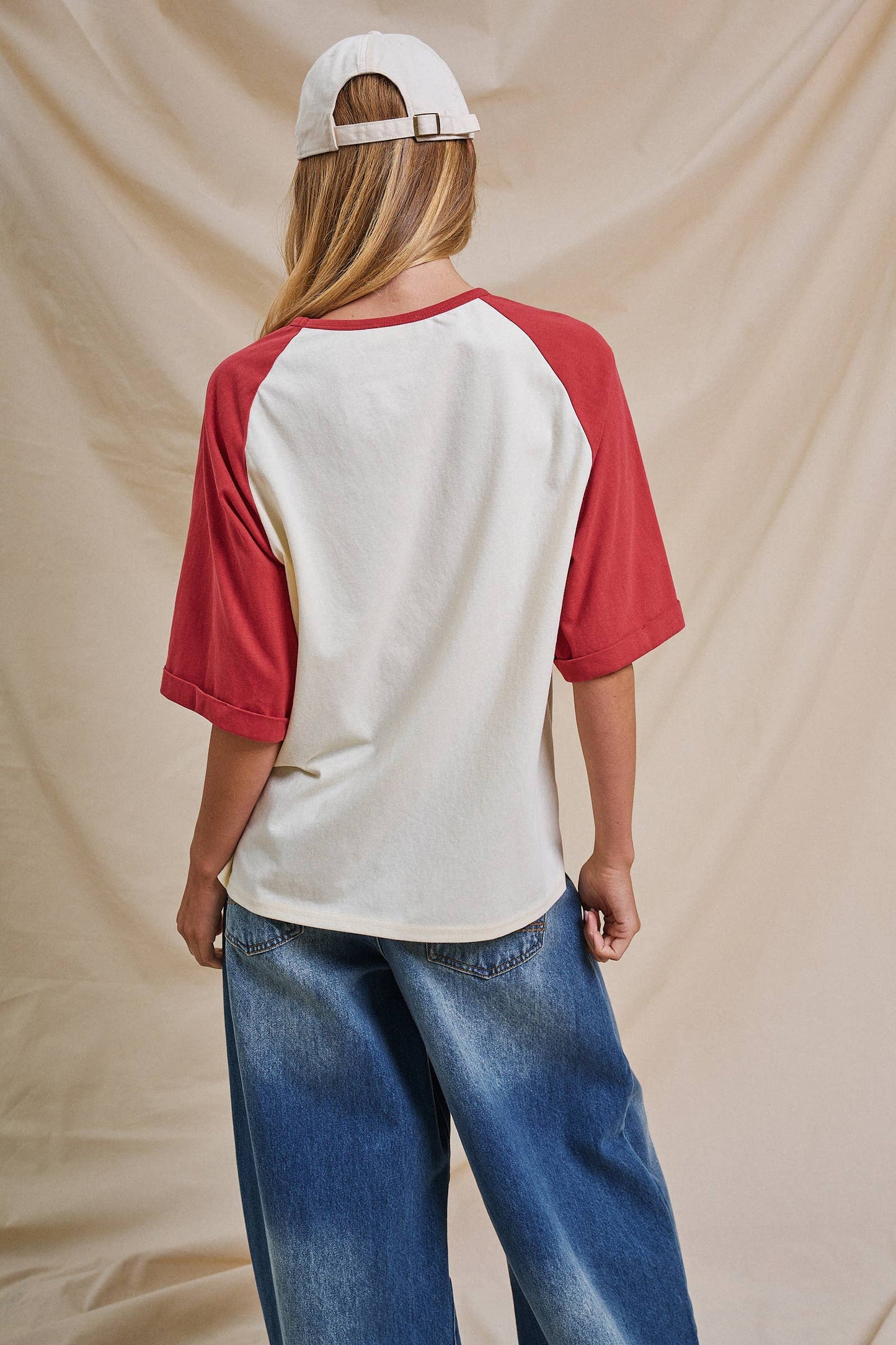 Ivory and Red Vintage Varsity  Cotton Baseball Tee - 141381