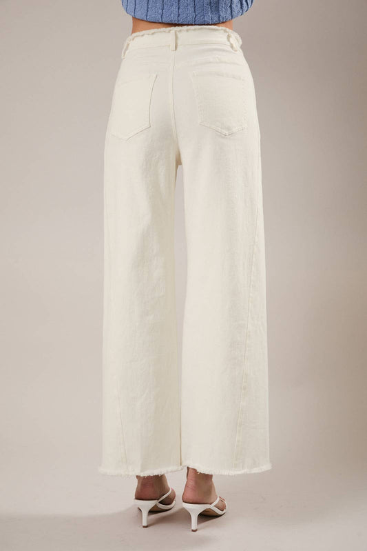 White Denim  Jeans w/ Frayed Waist and Edges Detail