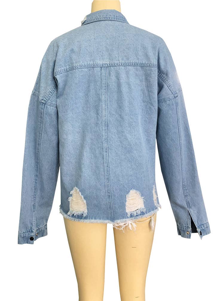 Blue Faded Oversized Distressed Frayed Edges Denim Jacket