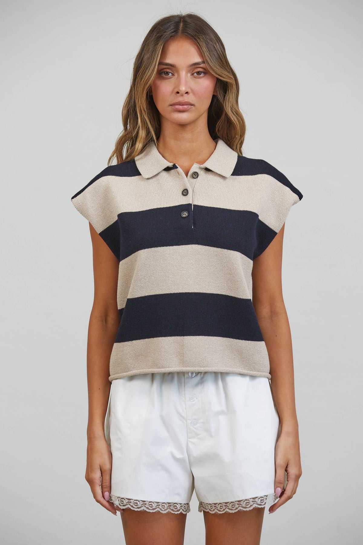 Beige & Black Striped Cotton Polo Sweater Top-145939