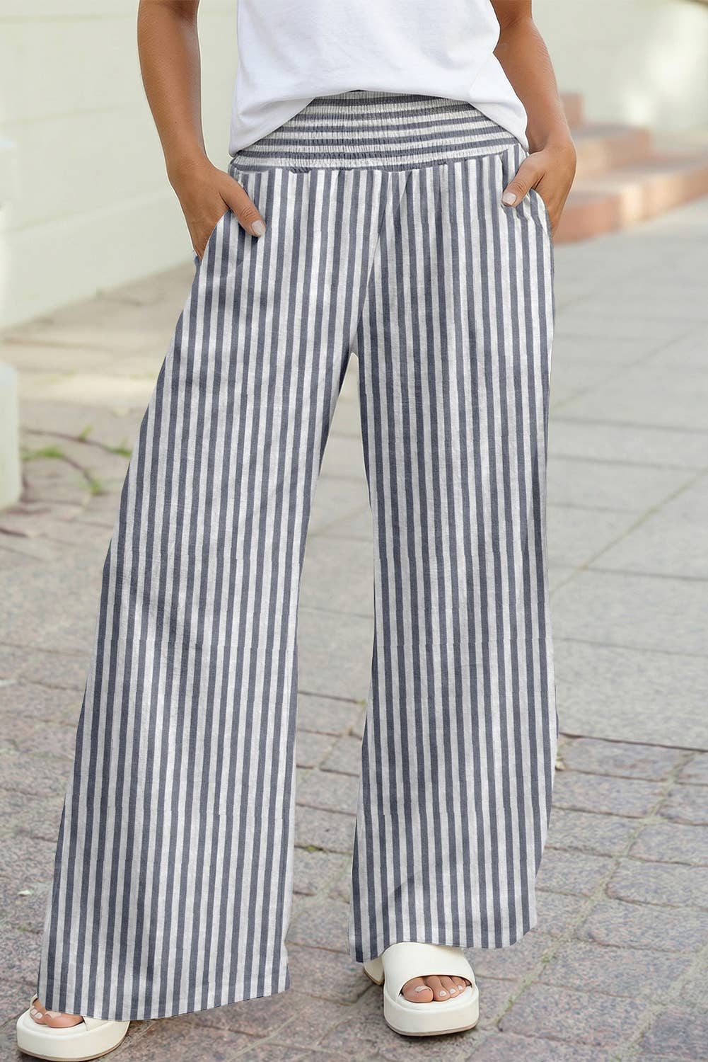 Faded Black Vertical Stripe Coastal Wide-Leg Pants-137714