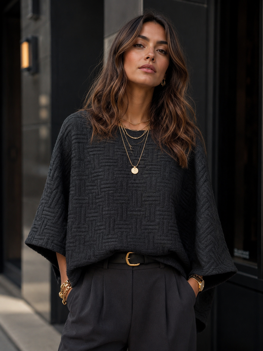 Black Relaxed Textured Pullover Sweater-140187