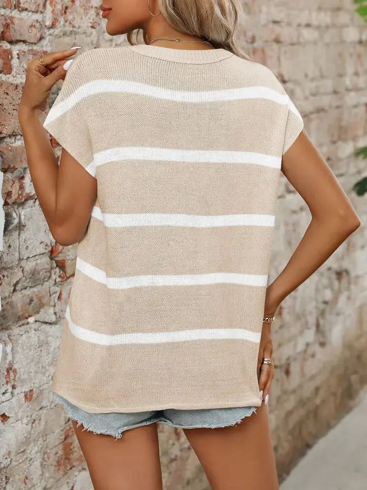 Beige w/ White Casual Striped Top-142285