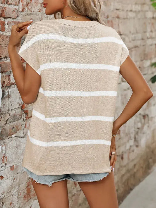 Beige Round Neck Summer Knit Casual Striped Top