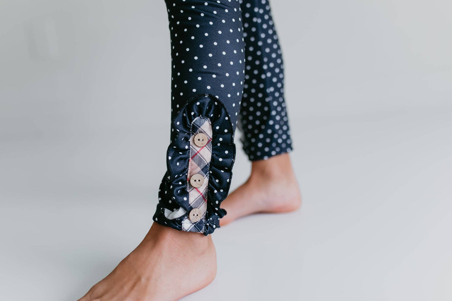 Tan Plaid Top & Polka Dot Ruffle Button Legging Set