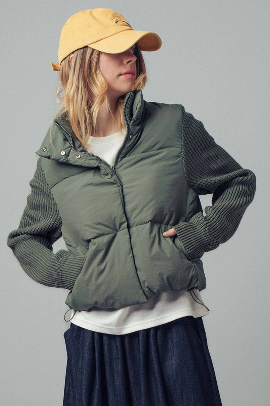 Olive Sweater Knit Sleeves Light Puffer Zipper / Snap Jacket