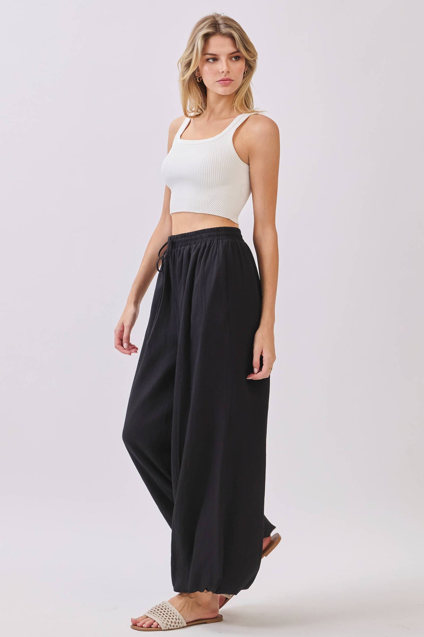 Black Lined Flowy Gathered Wide Leg Pants