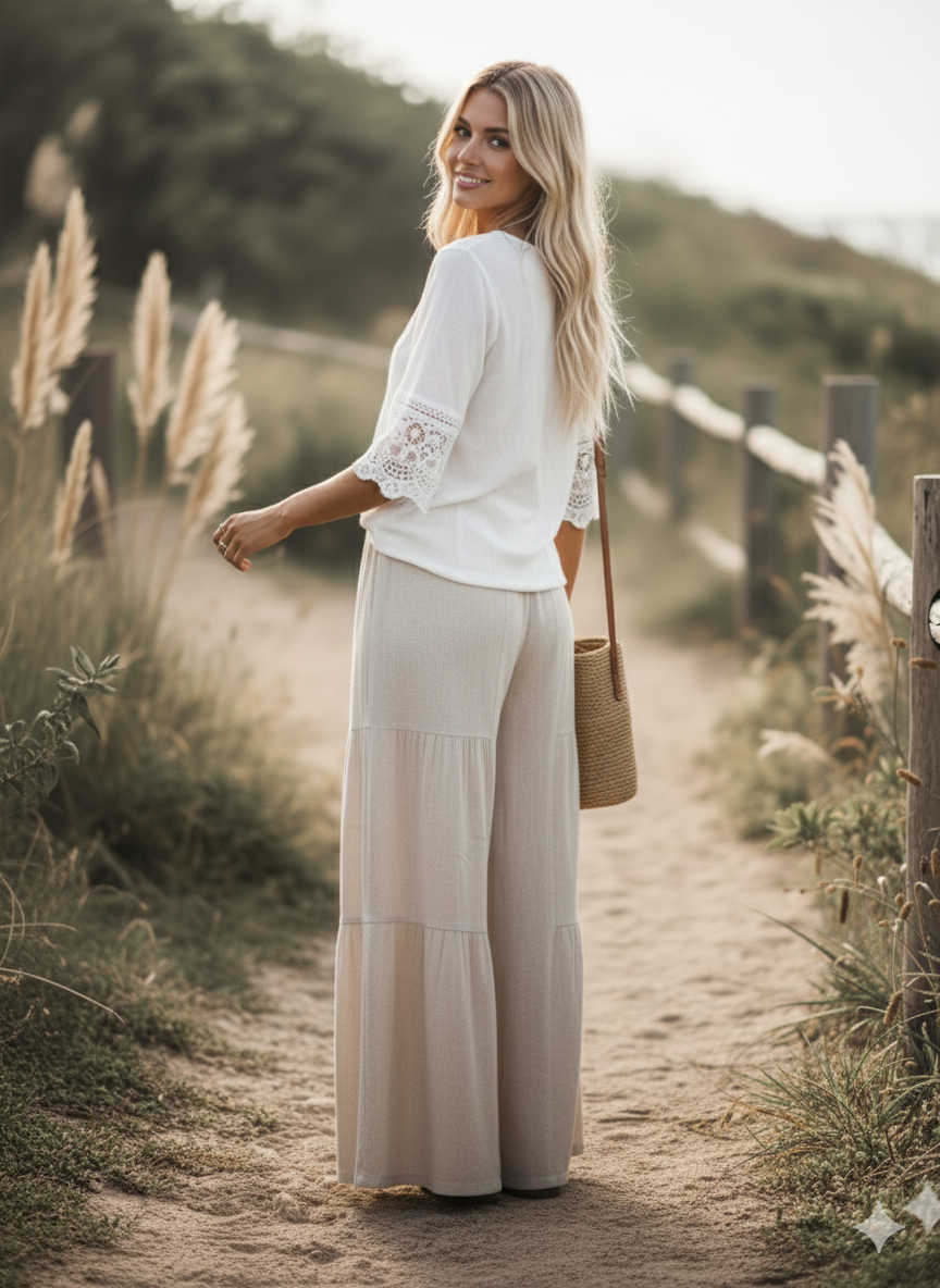 Natural Linen Blend Wide Leg Palazzo Pants-132214