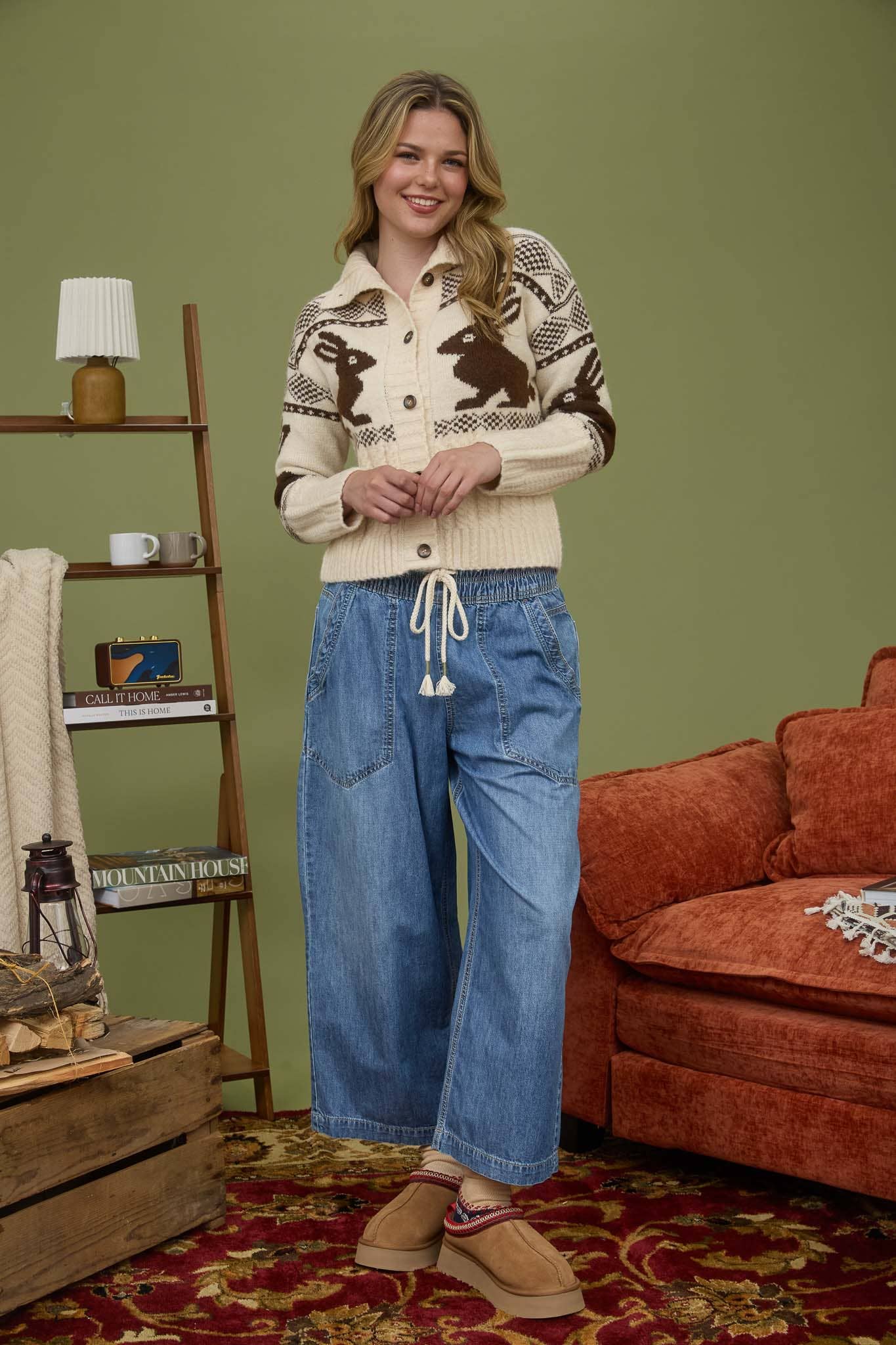 Charcoal and White with Bunny Detail Jacquard Collared Knit Cardigan