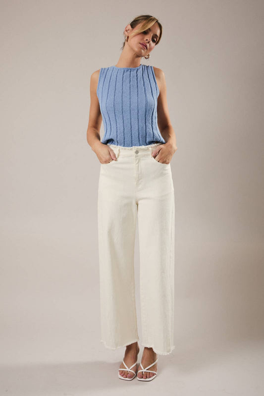 White Denim  Jeans w/ Frayed Waist and Edges Detail