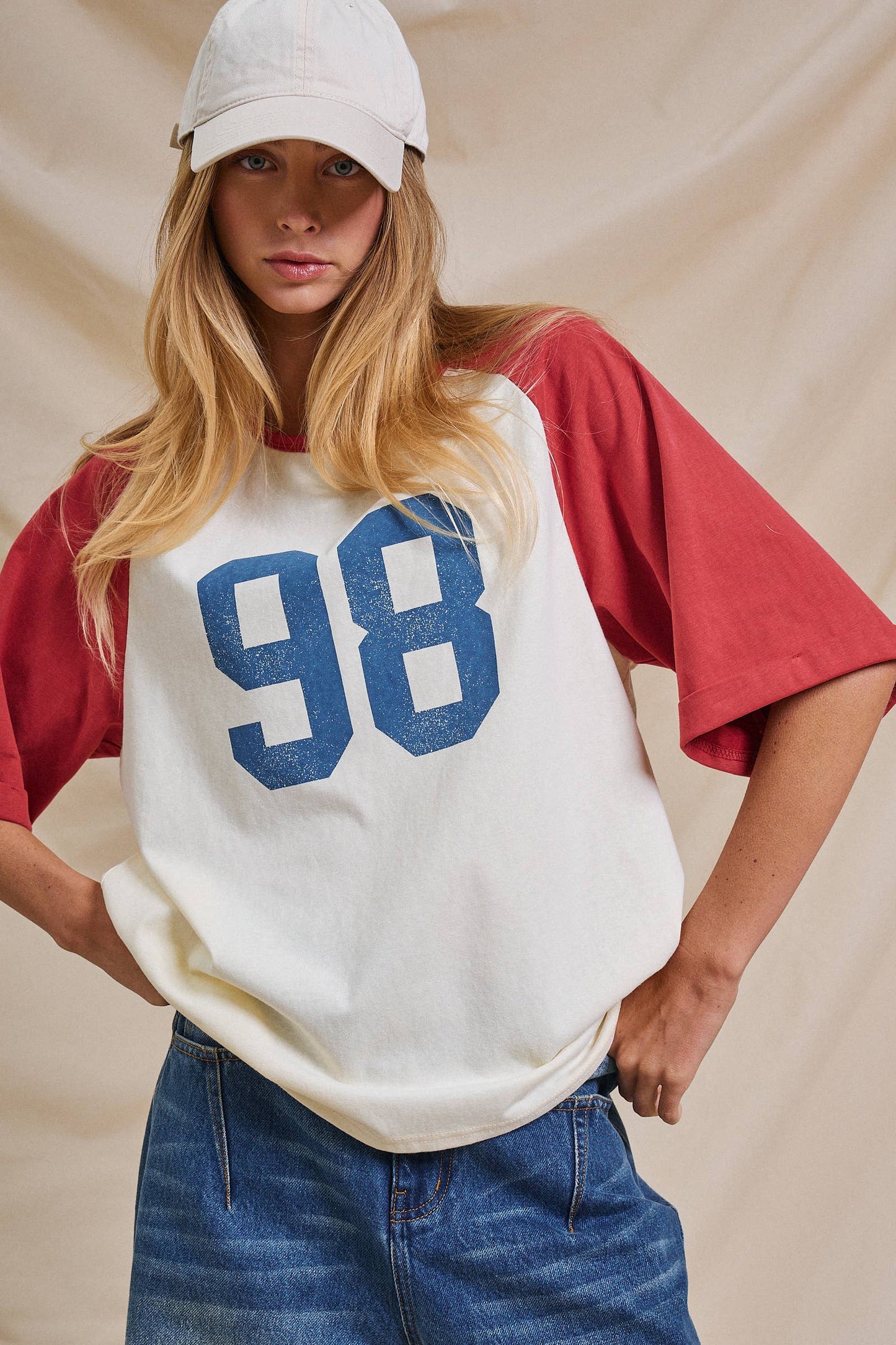 Ivory and Red Vintage Varsity  Cotton Baseball Tee - 141381