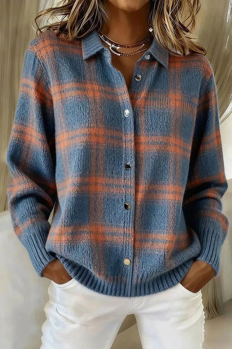 Blue Plaid Relaxed Button-Up Shirt-158214