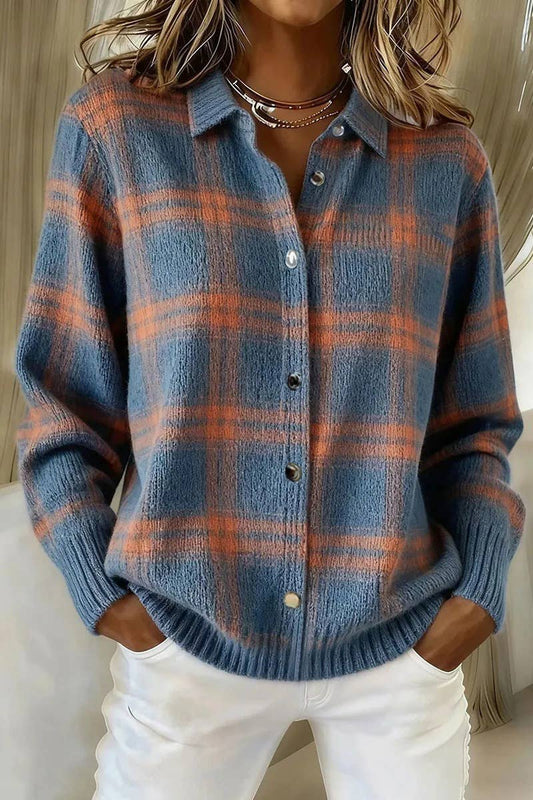 Blue Plaid Relaxed Button-Up Shirt-158214