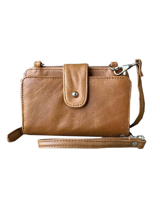 Light Brown / Black Leather Phone Crossbody Wallet