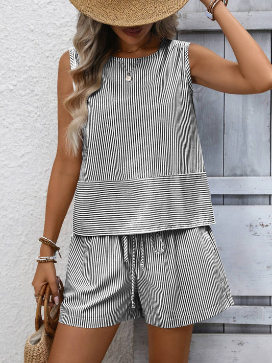 Black Stripe Print Casual Two Piece Set- 195081