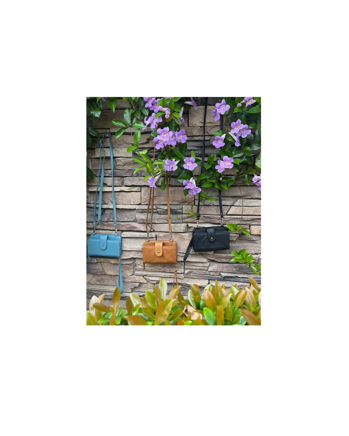 Light Brown / Black Leather Phone Crossbody Wallet