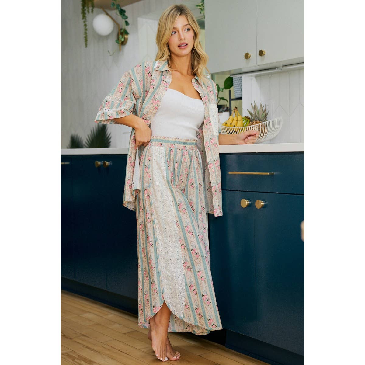 Teal w/ Pink Floral Eyelet Side Wide Leg Pants-141889